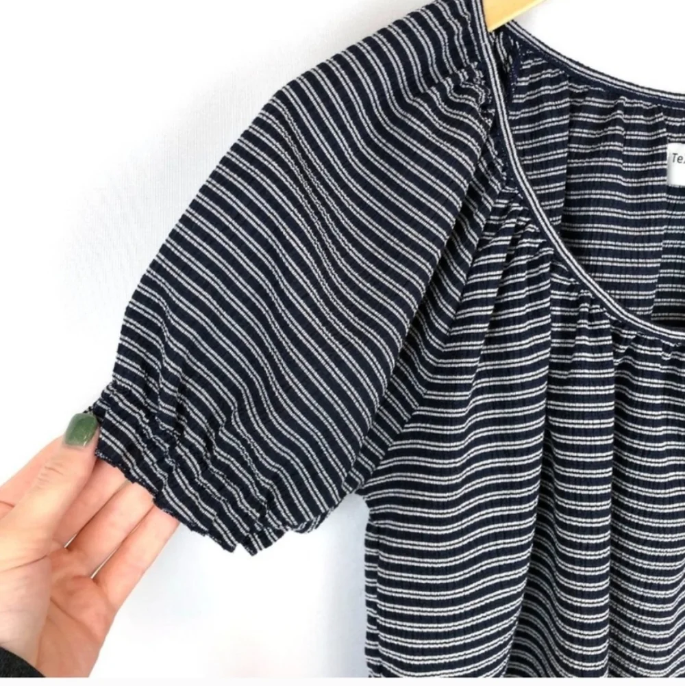 Madewell NWT Blue White Striped Smocked Neck Puff Sleeve Casual Coastal Top Med.